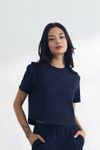 Cielcoco CLWT8104 Cooling Ribbed Cropped Short Sleeve Women Nylon Workout Top T-Shirt _Dark Navy _ Made in Korea